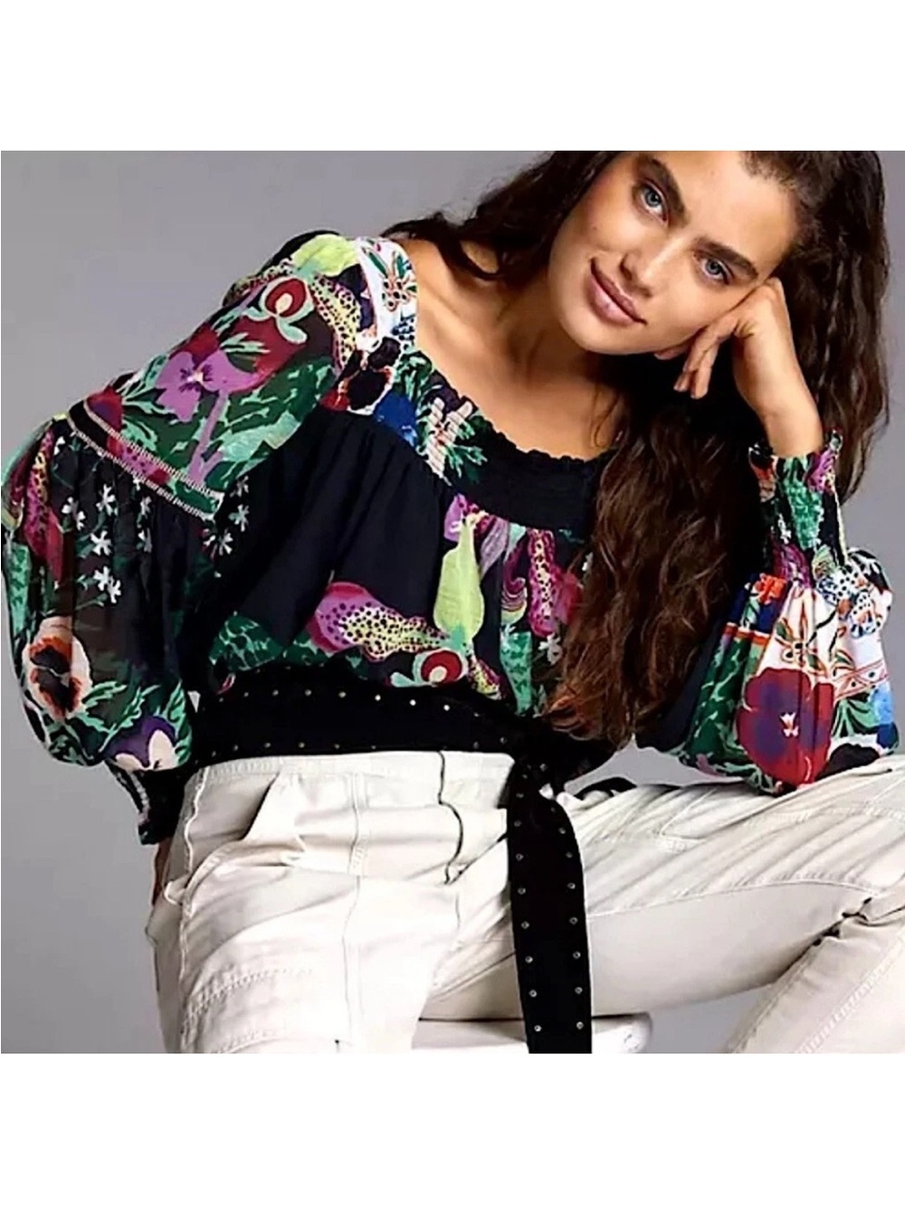 Anthropologie Lil Sire Puff-Sleeved Smocked Floral Sheer Blouse Black Size M